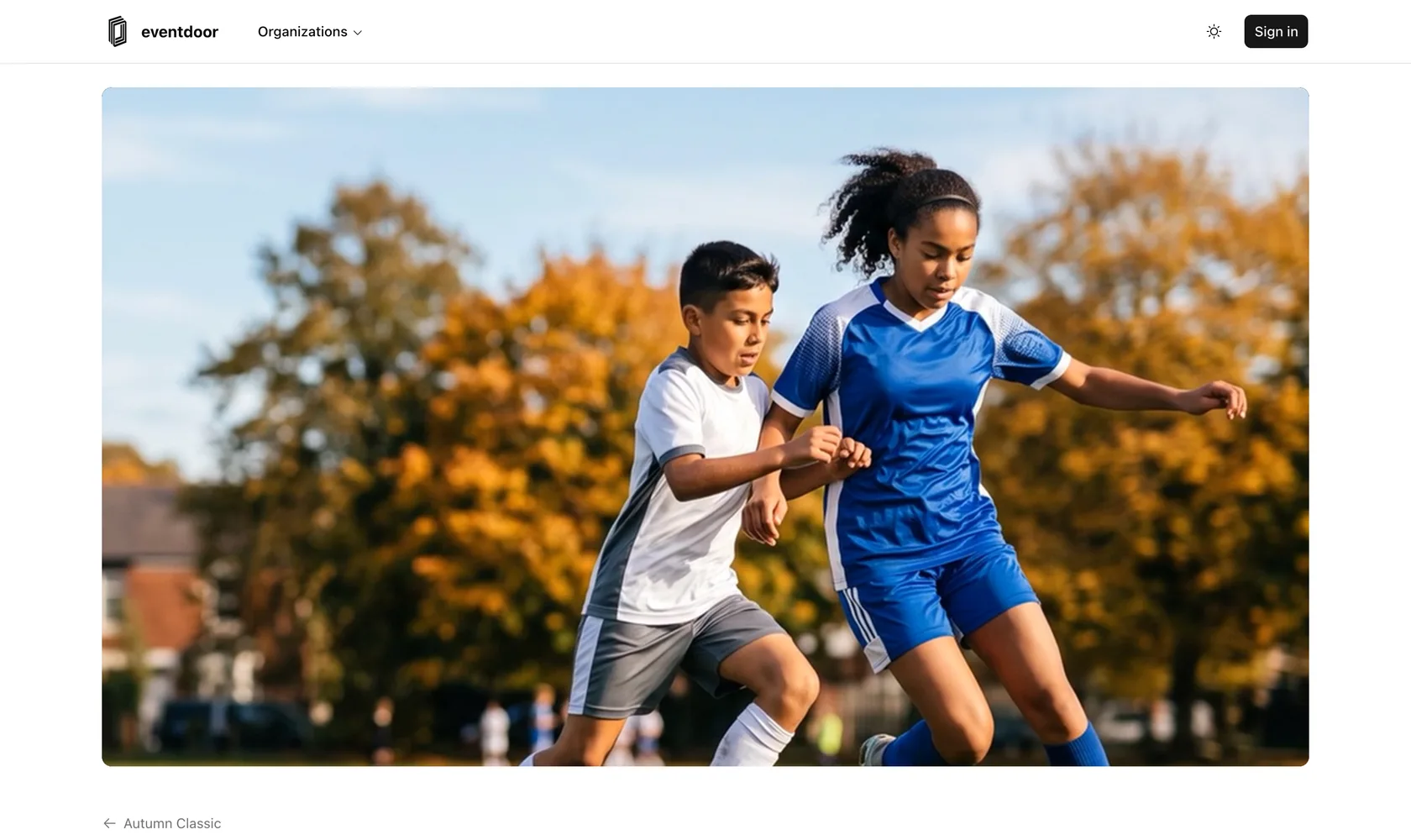 An Eventdoor broadcast page playing a live youth soccer match in a full-width video player