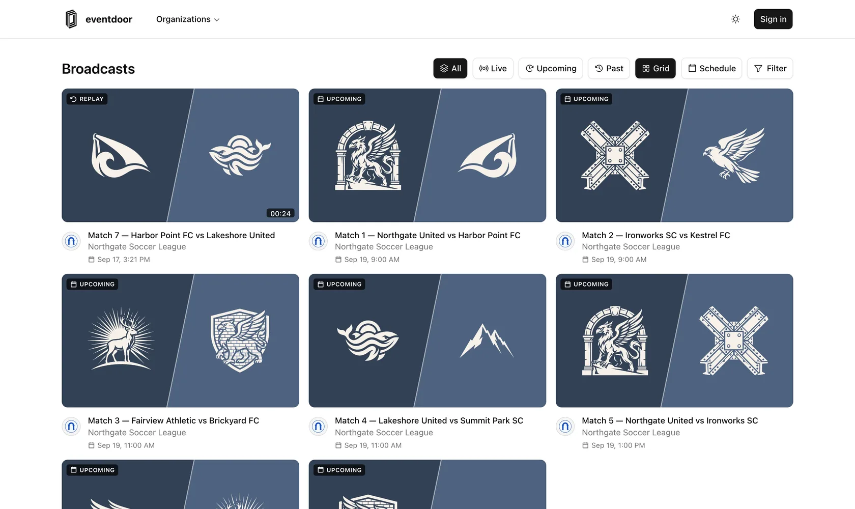 A grid of Eventdoor broadcasts, each with its matchup artwork, marked upcoming or replay, above filters for live, upcoming and past