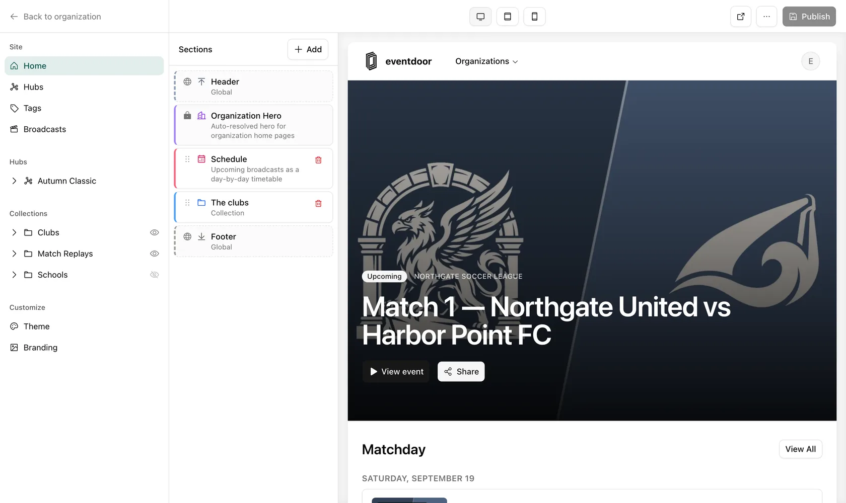 The Eventdoor page builder, with a section list beside a live preview of the page being edited