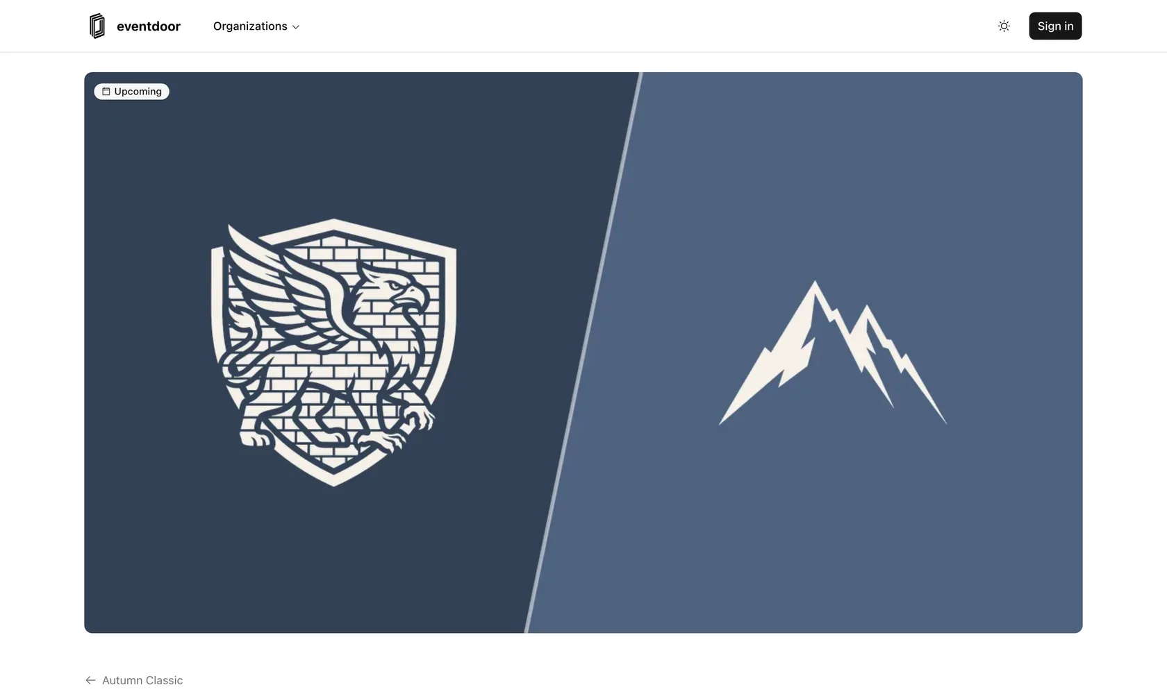 An Eventdoor event page showing head-to-head matchup artwork for two soccer clubs