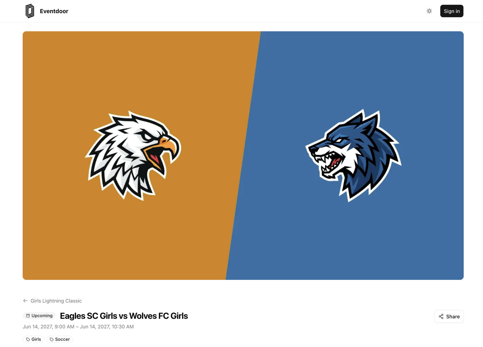 An Eventdoor event page showing matchup artwork for Eagles SC Girls versus Wolves FC Girls
